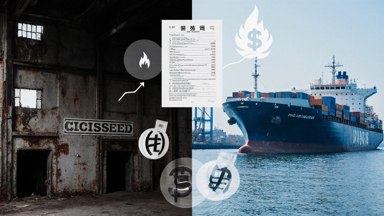 Abandoned U.S. steel plant contrasted with Chinese ship unloading cheap steel.