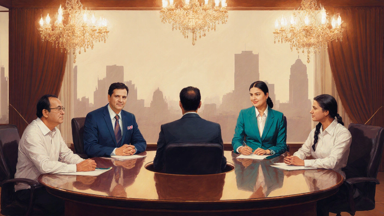 Boardroom scene showing family and institutional investors gathered around a table.