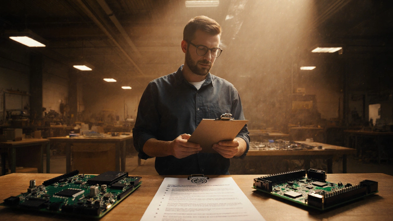 Business owner reviewing checklist in a workshop with contract letter.