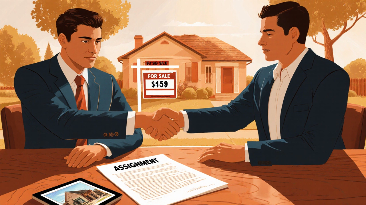Entrepreneur shaking hands with investor over a contract beside a house.