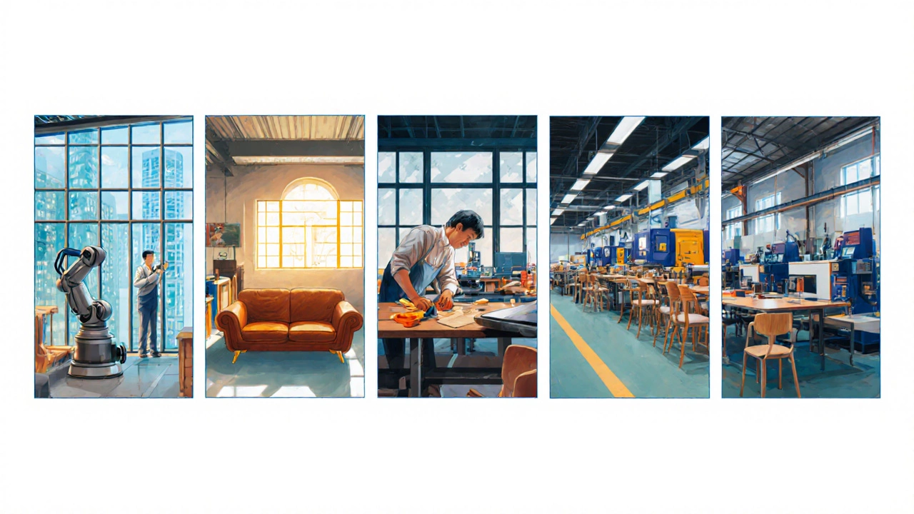 Five factories side‑by‑side representing China, Italy, USA, Poland, and Germany.