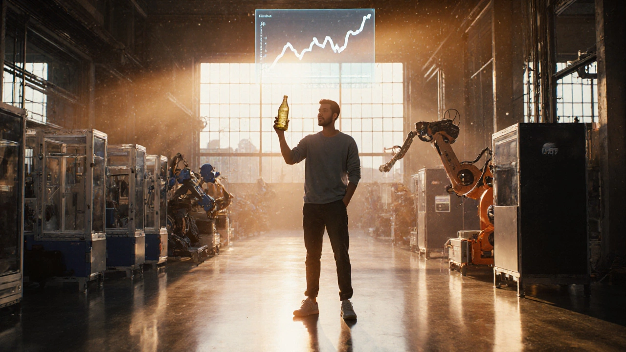 Founder holding a prototype on a sunrise‑lit factory floor with robots.