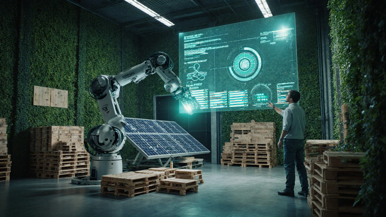 Futuristic eco‑friendly factory with robots, green walls, and digital dashboards.