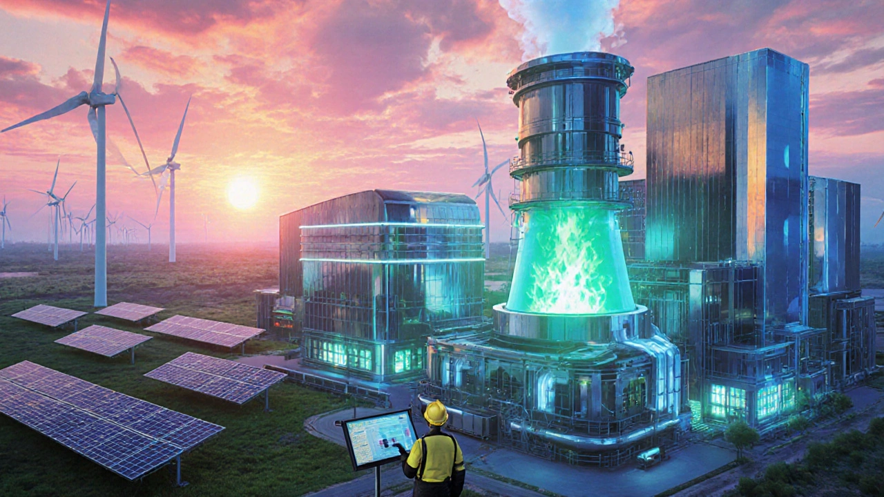 Futuristic green steel plant using hydrogen flames and solar panels.