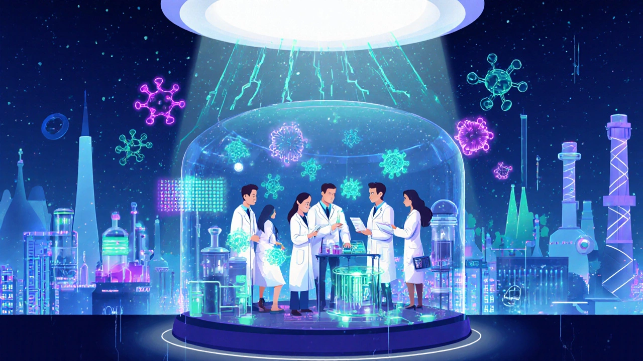 Futuristic Indian R&amp;D lab with scientists, glowing bioreactors, and holographic data.