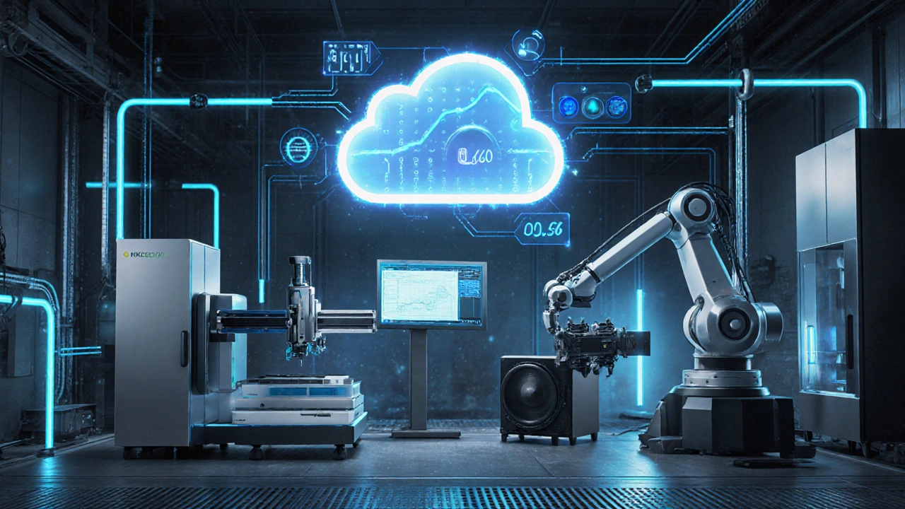 Futuristic micro‑factory with smart machines, holographic dashboard and autonomous equipment.