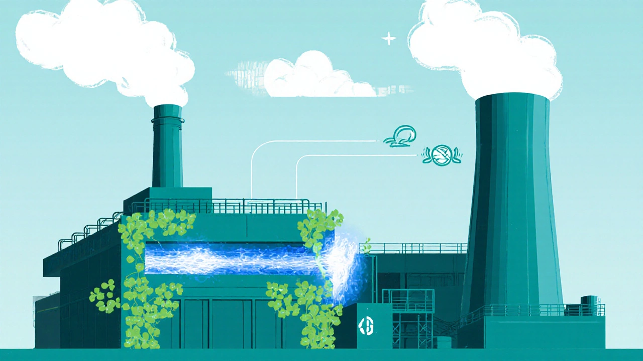 Illustration of Gary Works adding hydrogen reduction and carbon capture, highlighting green steel transition.