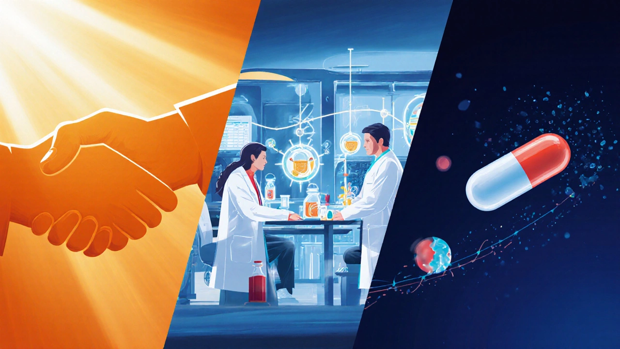 Illustration of Sun Pharma milestones: acquisition, R&D lab, specialty drugs.