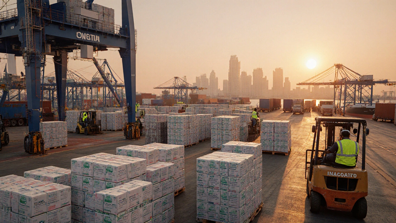 Indian pharma export warehouse at sunrise with pallets, forklifts, and loading docks.