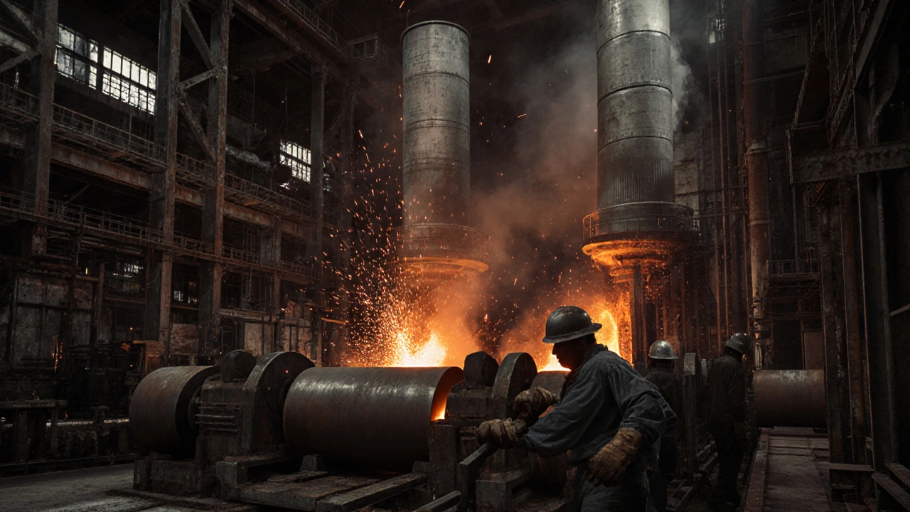 Interior shot of blast furnaces, converters, and rollers at Gary Works with glowing molten metal and workers.