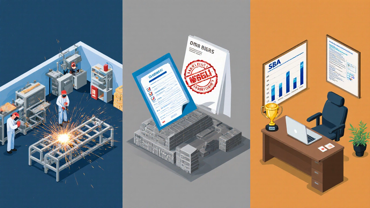Isometric panels showing metal shop, procurement office, and SBA desk.