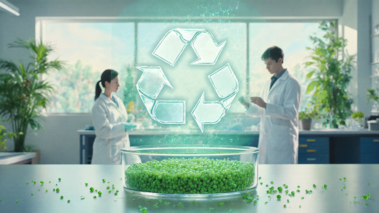 Laboratory scene showing researchers developing bio‑based and recycled plastics.