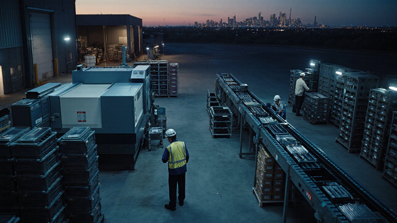 Lean factory floor with organized stations, CNC machine, and workers inspecting products.