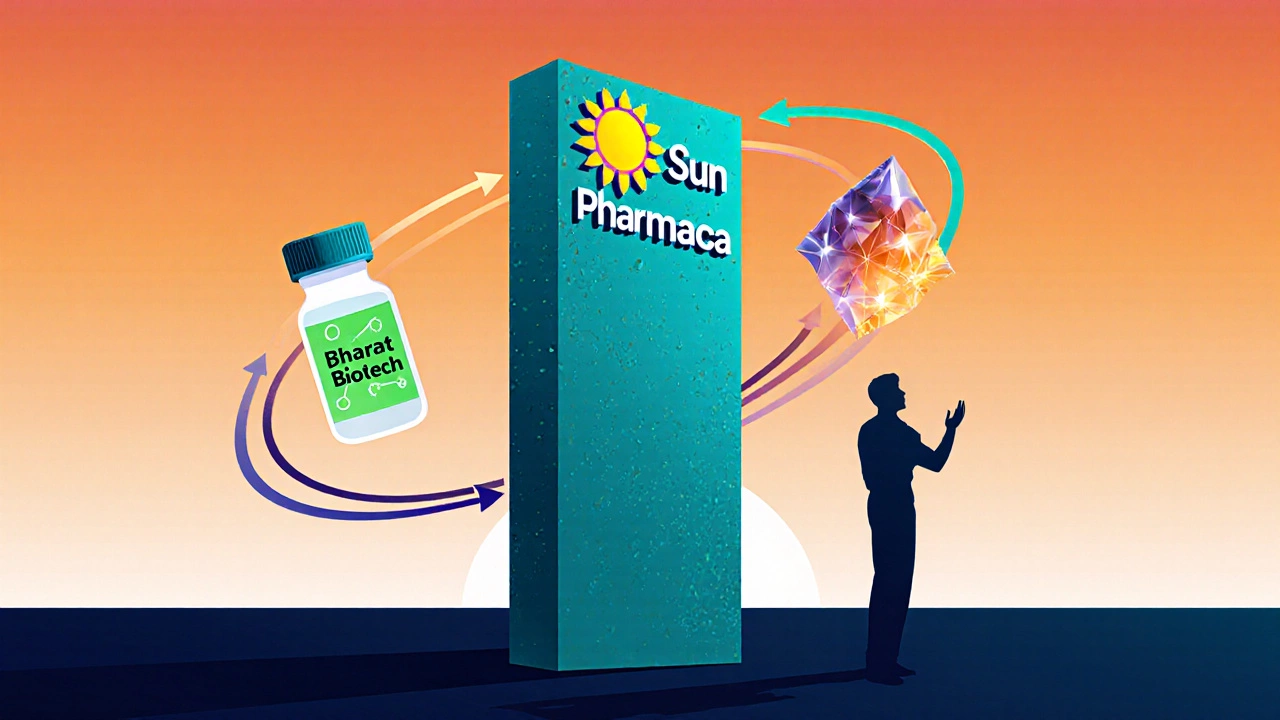 Minimalist scene of Sun Pharma pillar with biotech and API challengers.