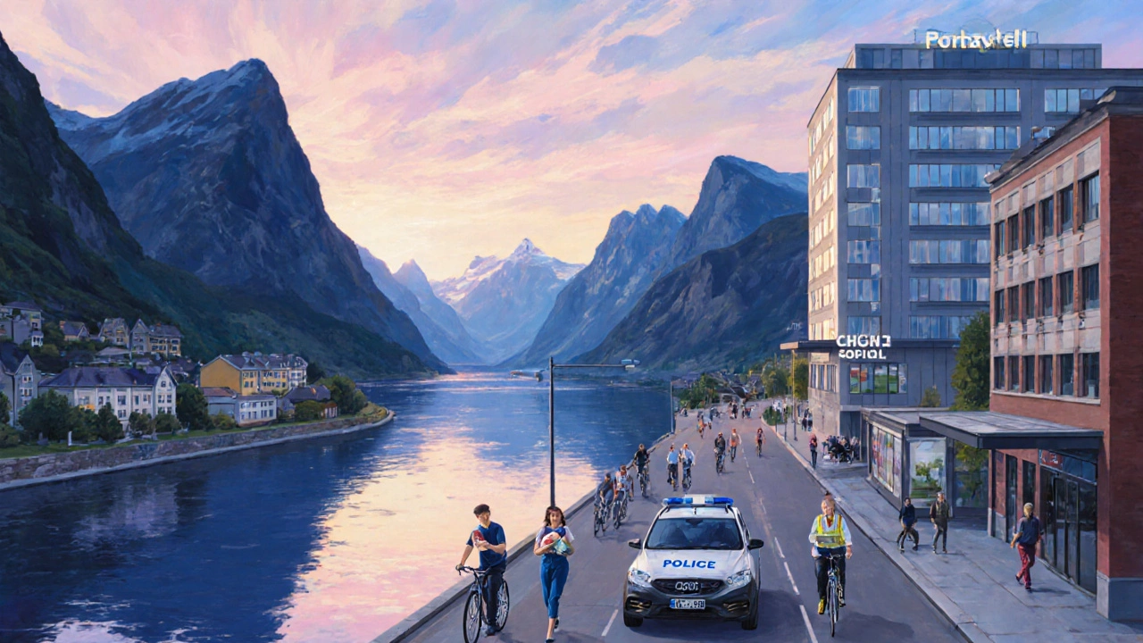 Norwegian fjord town with modern city elements showing health care and safety.