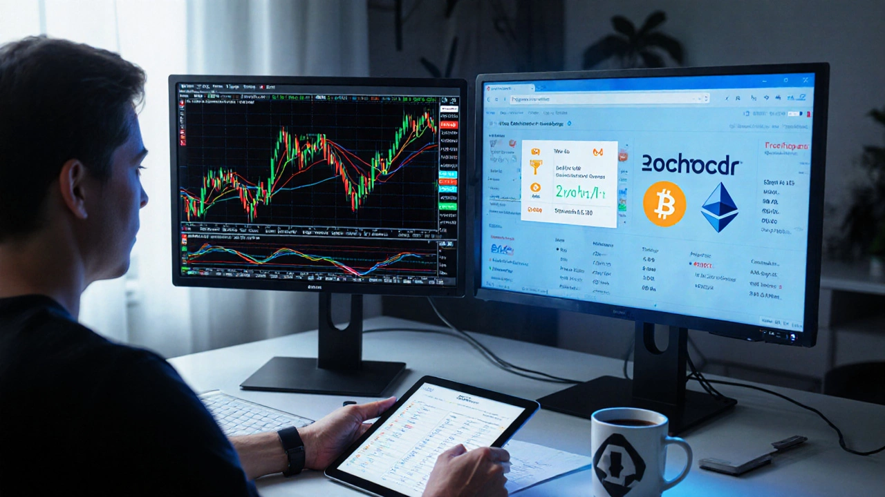 Person comparing trading chart, crypto ticker, Amazon dashboard, and checklist.