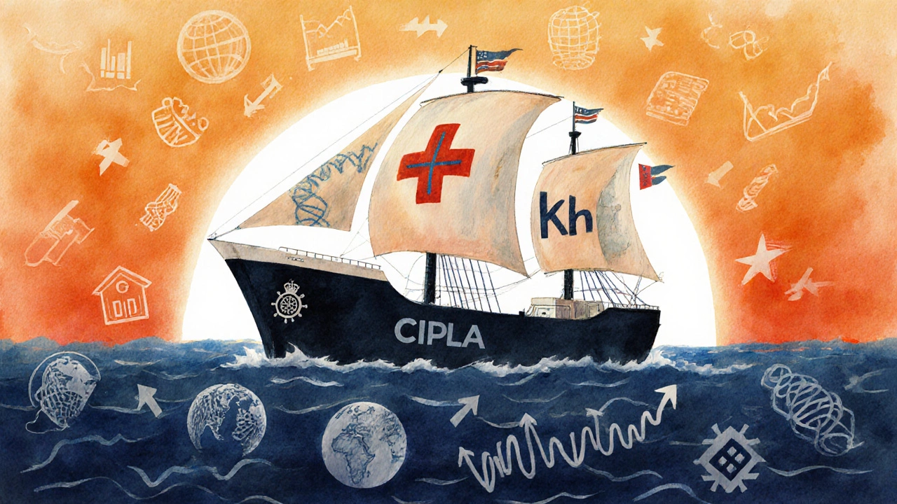 Symbolic ship representing Cipla navigating market seas guided by family and institutions.