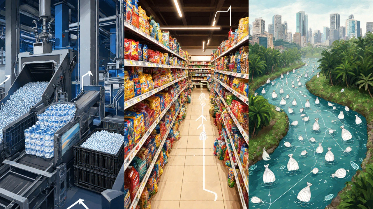Three‑panel illustration showing a Chinese factory, US supermarket, and Indonesian river littered with plastic.