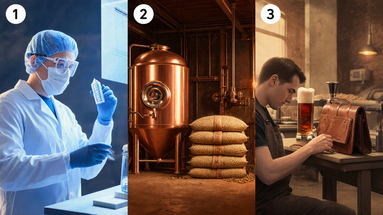 Three vignettes: medical implant printing, craft brewery batch, leather artisans stitching a bag.