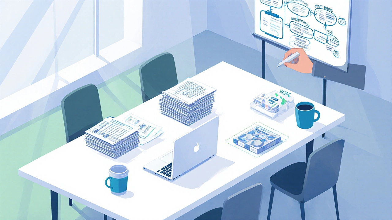 Top‑down view of market research materials and a prototype on a conference table.