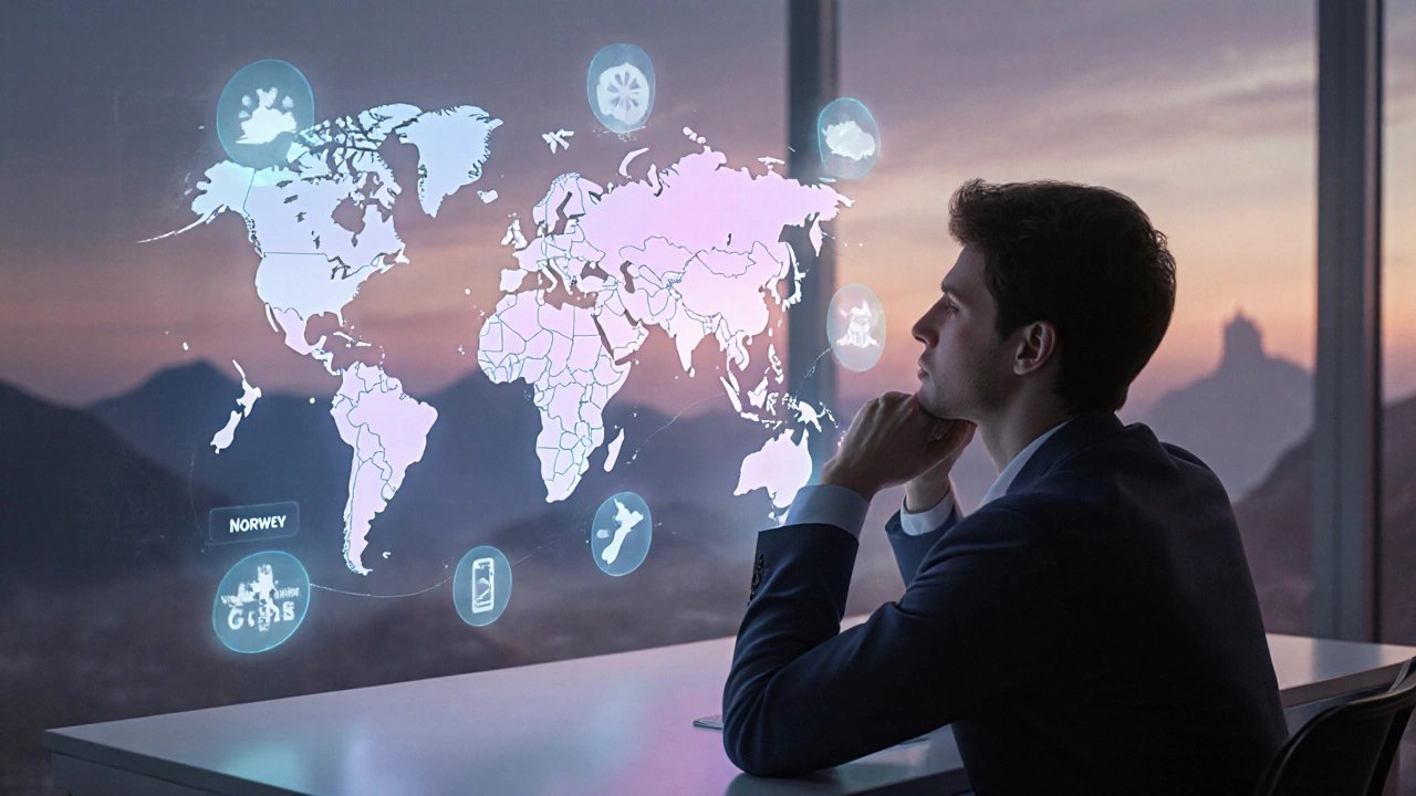 Traveler at desk with holographic map and icons for country‑selection criteria.