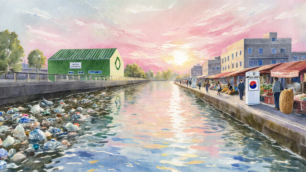 Watercolor of a river turning clean, featuring German recycling, Rwandan bag ban, and South Korean policies.