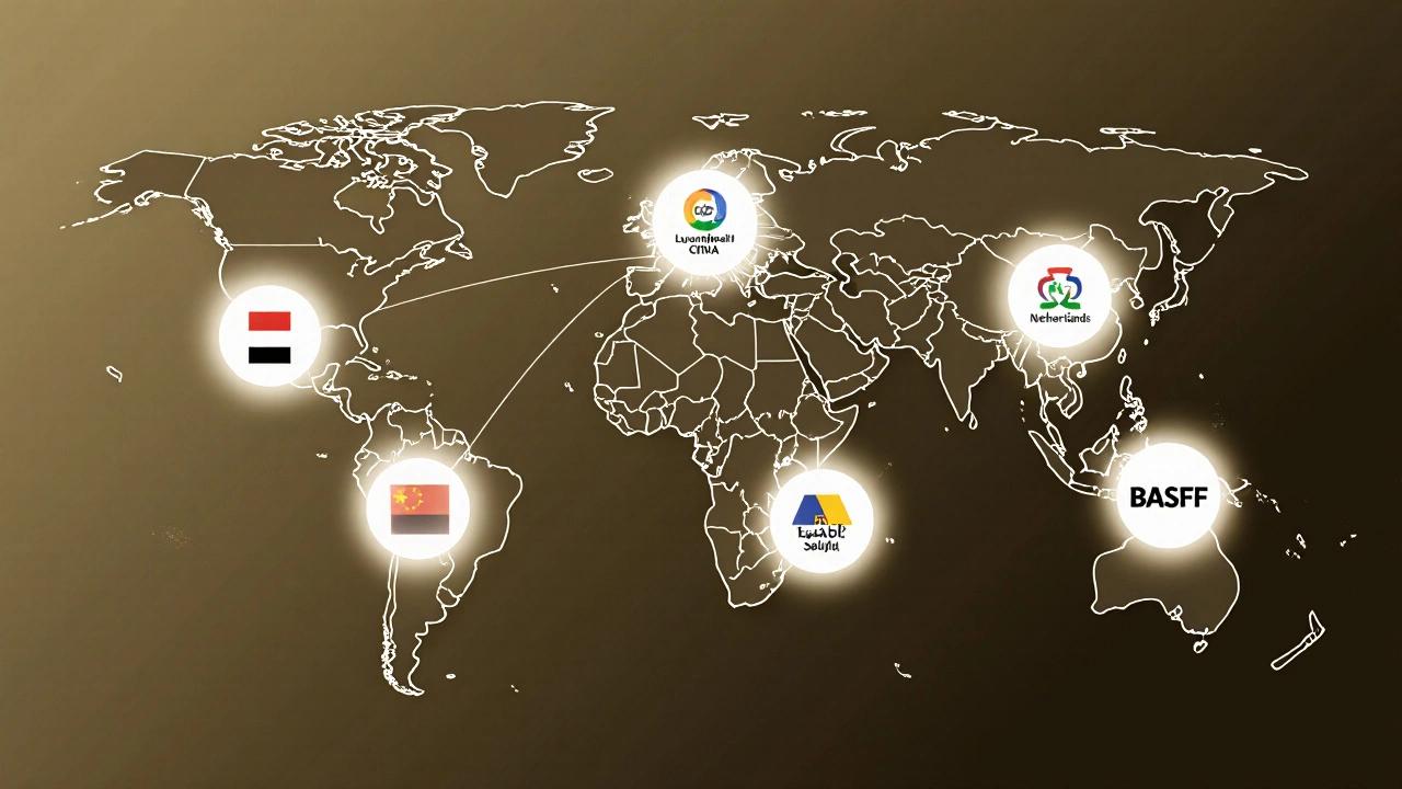 World map highlighting locations of six leading plastic producers with connecting lines.